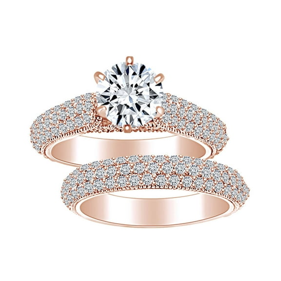 AFFY 3 1/4 Carat Round Shape White Natural Diamond Engagement Wedding Ring Set In 14k Solid Rose Gold (3.25 Cttw) Ring Size-5