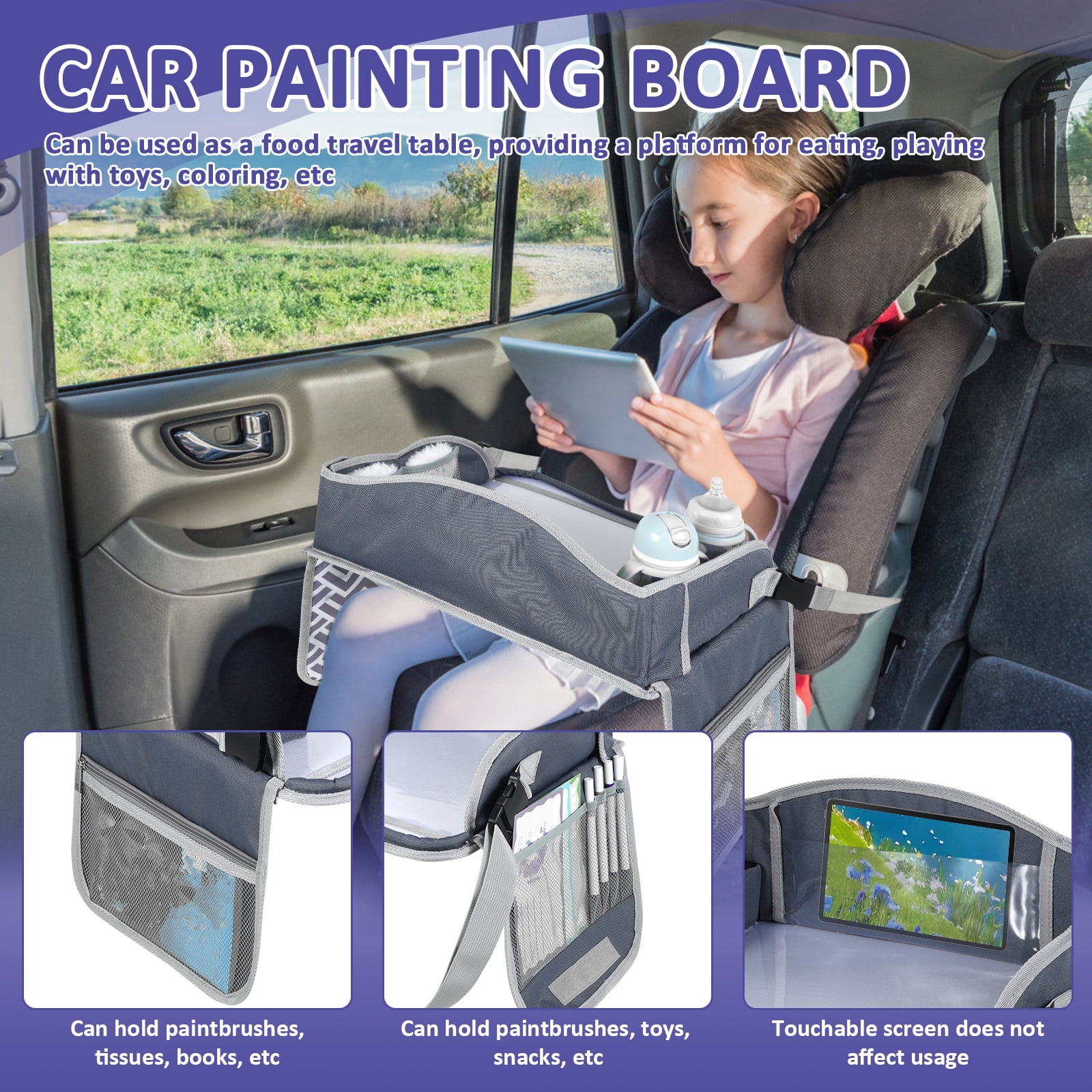 Kids Travel Tray Toddler Car Seat Lap Tray Road Trip Essentials Activity Table No-Drop Tablet Holder & Borders (All Grey)