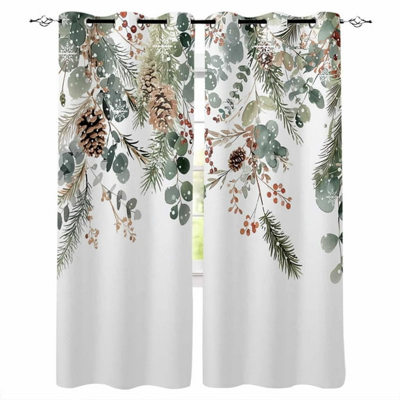 Hokiten Christmas Blackout Curtains | Light Blocking Print Window Curtains, Xmas Botanical Pinecone Eucalyptus Leaves Thermal Insulated Window Drapes for Living Room Kitchen (2 Panels, 104"W x 63"L)