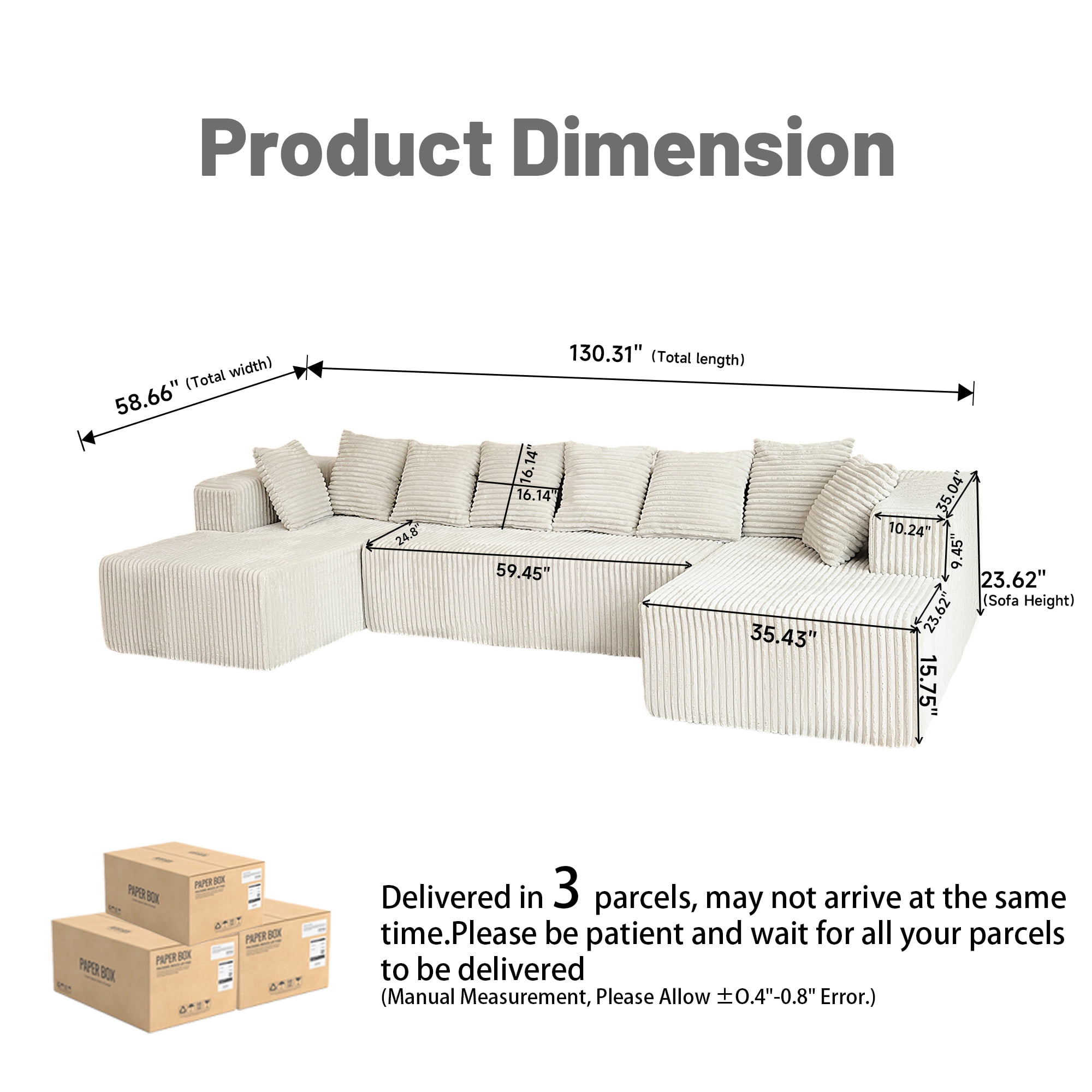 Xiweot 130" Cloud Couch Sectional Sofa, No Assembly U Shaped Modular Boneless Couch with Chaise, 4 Seat Oversized Deep Seating Corduroy Sofa for Living Room, Extra Large Comfy (Grey)
