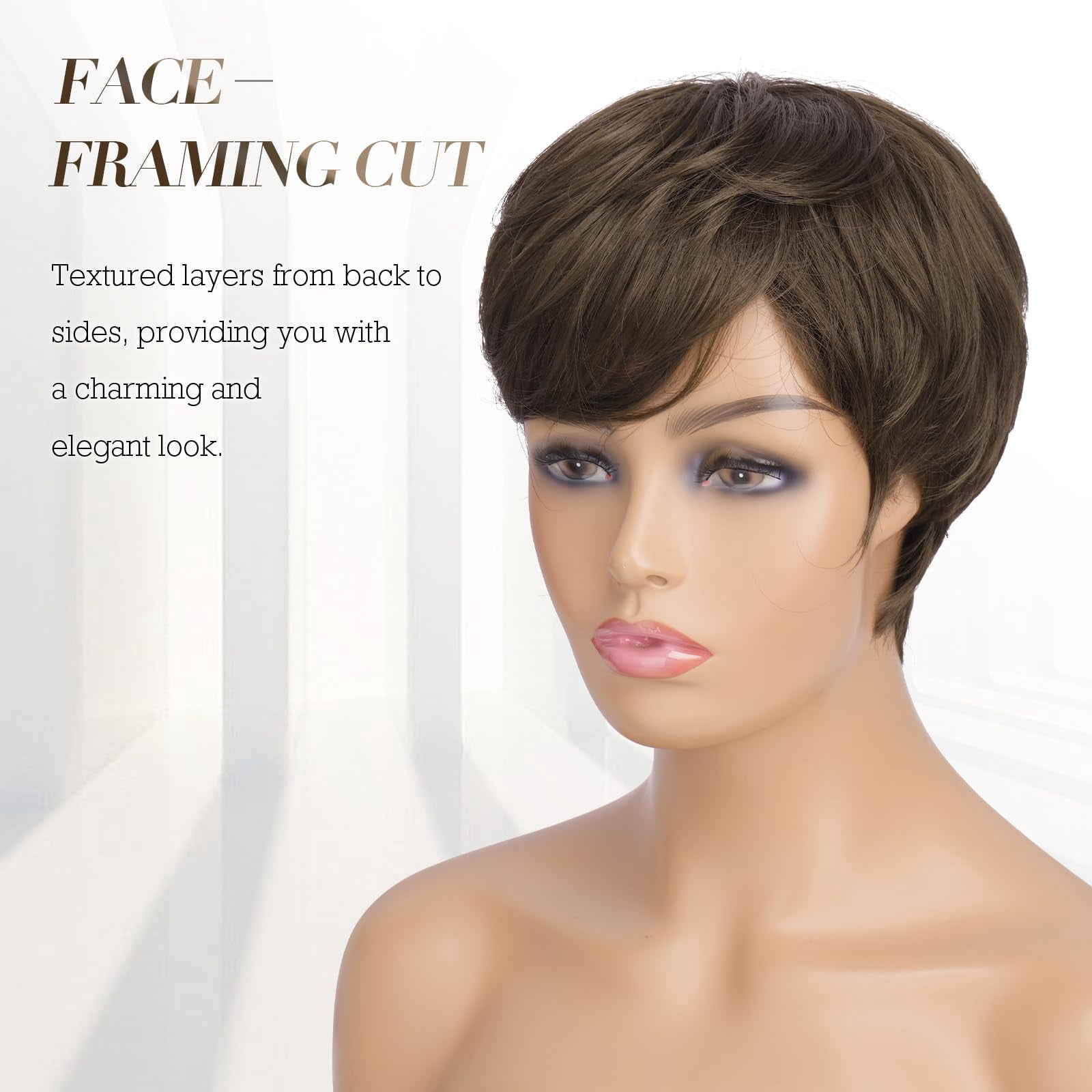 Layered Pixie Cut Wigs Synthetic Short Ombre Gray Wavy Grey to Black Glueless Wig for Women with Bangs