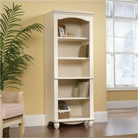 - Pemberly Row Library 5 Shelf Bookcase in Antiqued White Finish