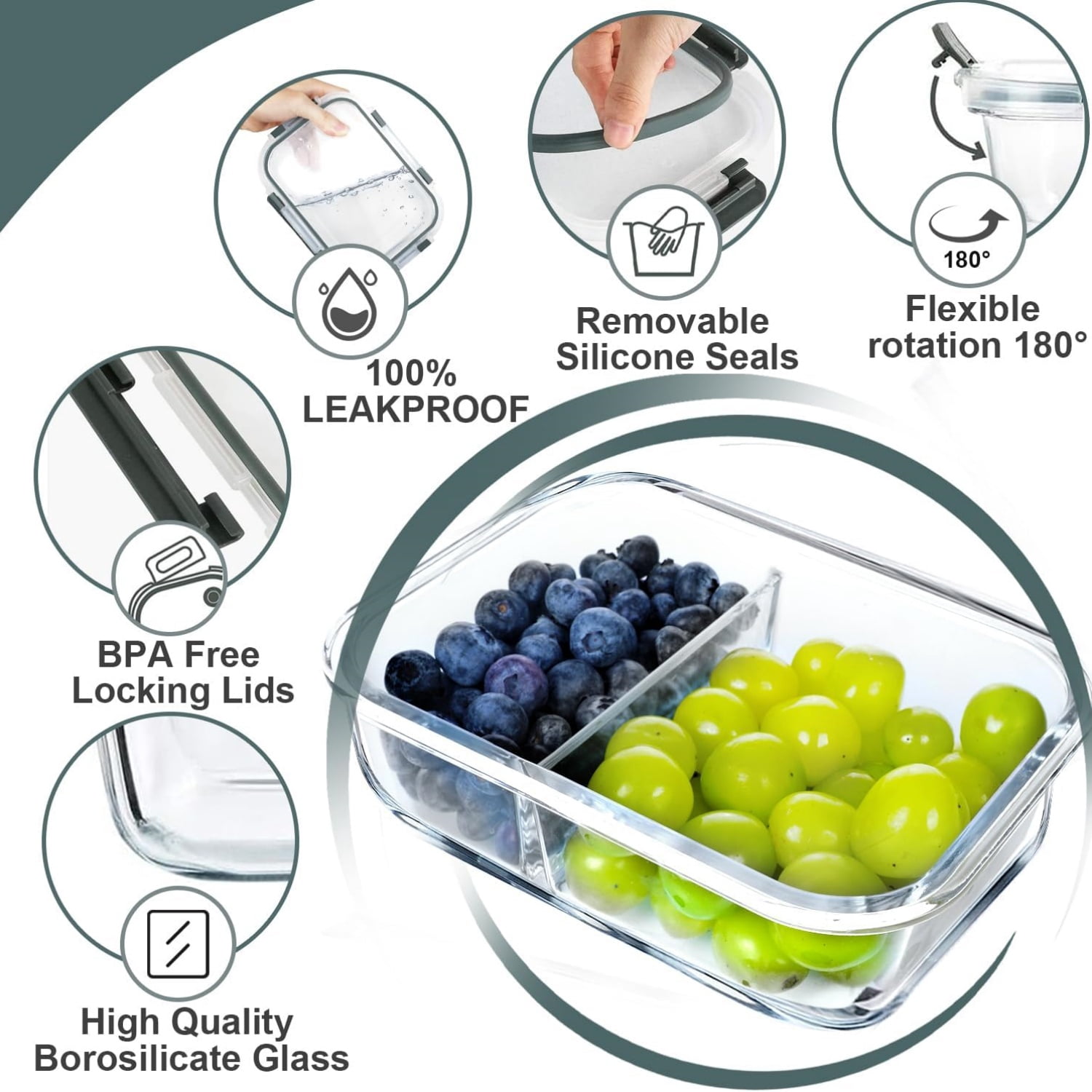 10 Pack Glass Meal Prep Containers 2 Compartment Set, 30 OZ Airtight Glass Lunch Containers, Glass Food Storage Containers with Lids, for Microwave, Oven, Freezer & Dishwasher Friendly，Grey