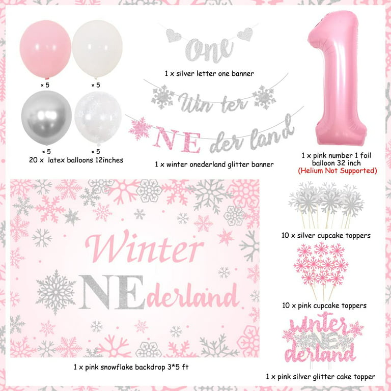 Pink and Gold 1st Birthday Girl Decorations Snowflake Winter Wonderland  Banner First Birthday Party Supplies
