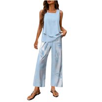 APEXFWDT Womens Boho Palazzo Set Double-Layer Square Neck Top and Flowy Wide-Leg Pants Chic Summer Outfits XXL,Light Blue