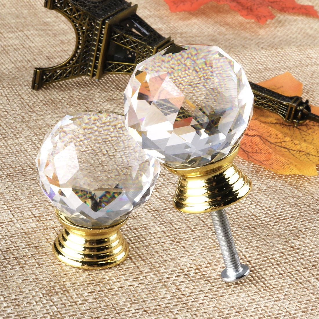Unique Bargains 1.18" Crystal Glass Cabinet Knob Polished Chrome Black 10