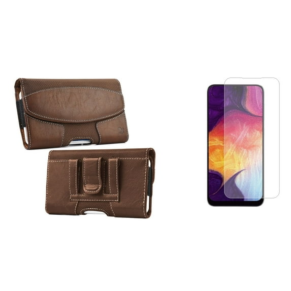 Holster and Screen Protector Bundle for Nokia C100: Nylon PU Leather Hybrid Belt Pouch Case (Brown) and (2-Pack) Tempered Glass Shield