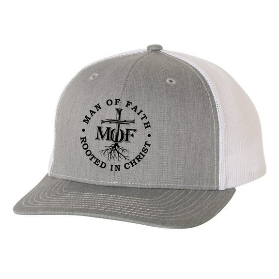 Christian Man of Faith Rooted In Faith Mens Embroidered Mesh Back Trucker Hat, Heather Grey/White