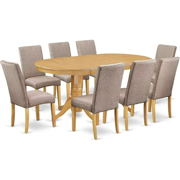HomeStock 9 Piece Kitchen Table Set Includes an Oval Dining Table with Leaf and 8 Dark Khaki Linen Fabric Parson Dining Chairs, 40X76 Inch, Oak