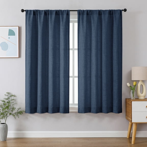 Patin Navy Blue Curtains 2 Panels 42 x 63 Inch, Rod Pocket Light Filtering Elegant Window Curtains, Faux Linen Textured Drapes for Bathroom Bedroom Living Room