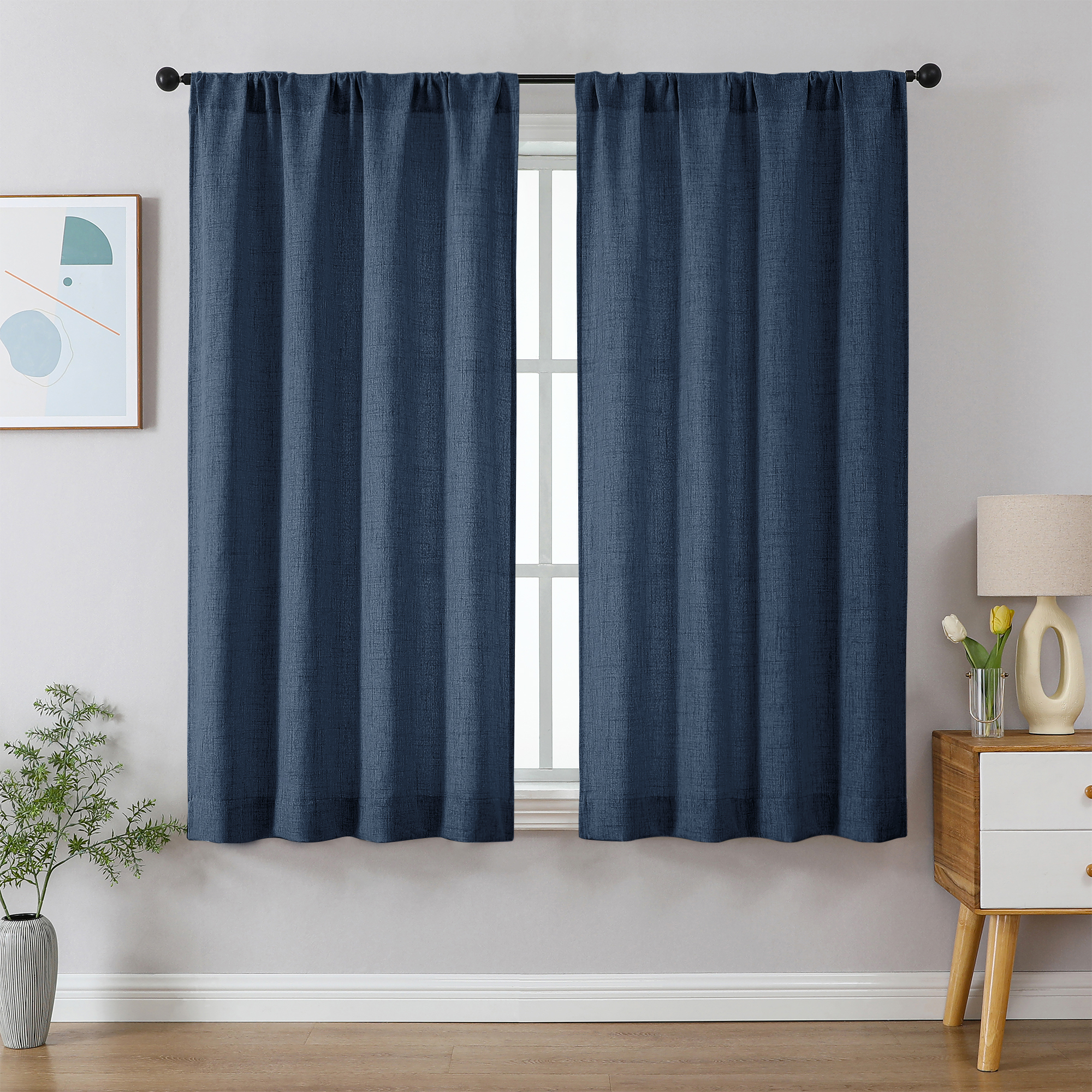 Patin Navy Blue Curtains 2 Panels 42 x 63 Inch, Rod Pocket Light Filtering Elegant Window Curtains, Faux Linen Textured Drapes for Bathroom Bedroom Living Room