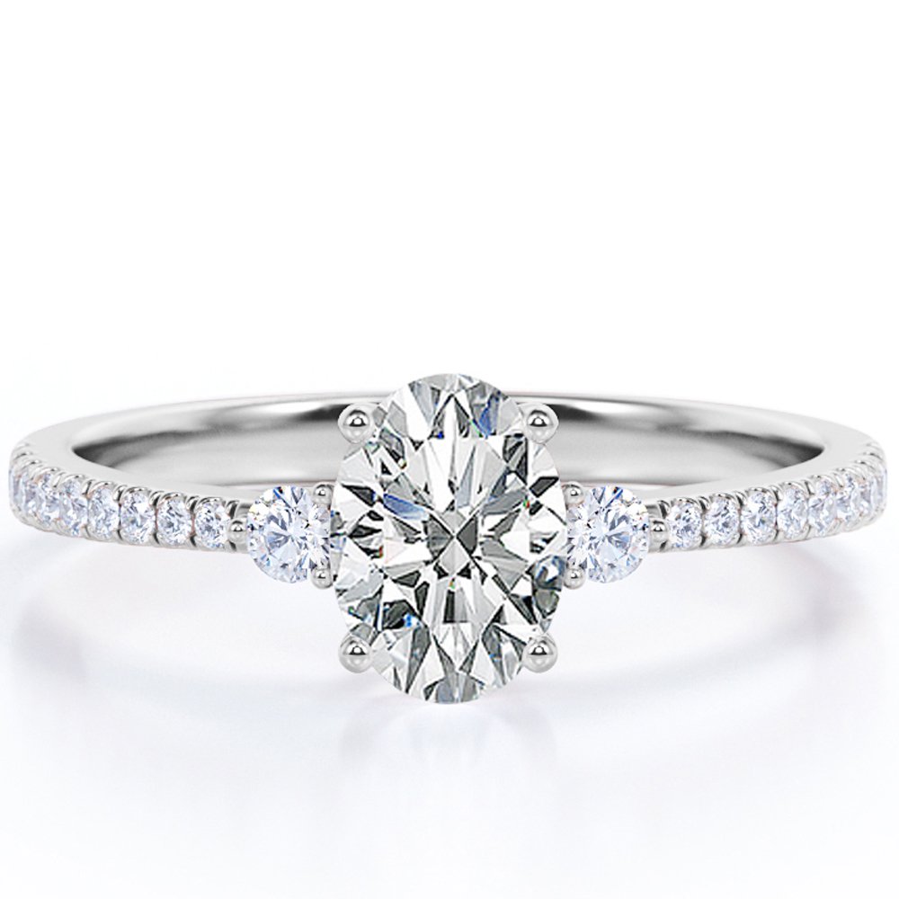 JeenMata Past Present Future 1.75 Carat Oval Shape Moissanite Pave Prong Set Engagement Ring In 18K White Gold Plating Over Silver