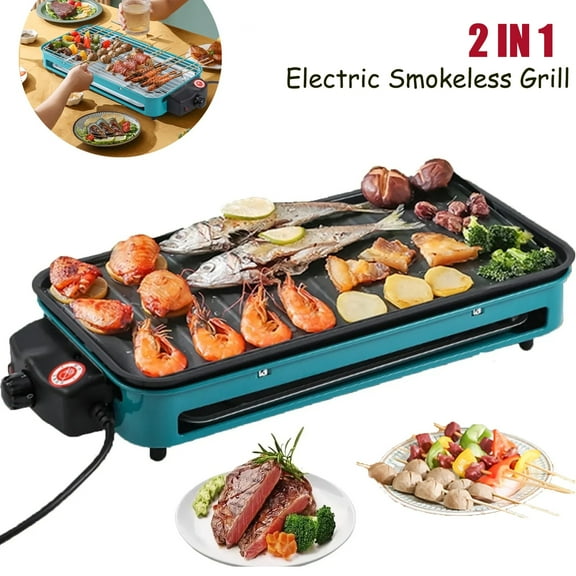 DICEEVIL Electric Smokeless Grill, Non-Stick BBQ Grill 2 in 1 Indoor Electric Griddle Adjustable Temperature, 1350W Fast Heat Up Hot Pot Removable Stand Grill for Cooking BBQ Party, Green