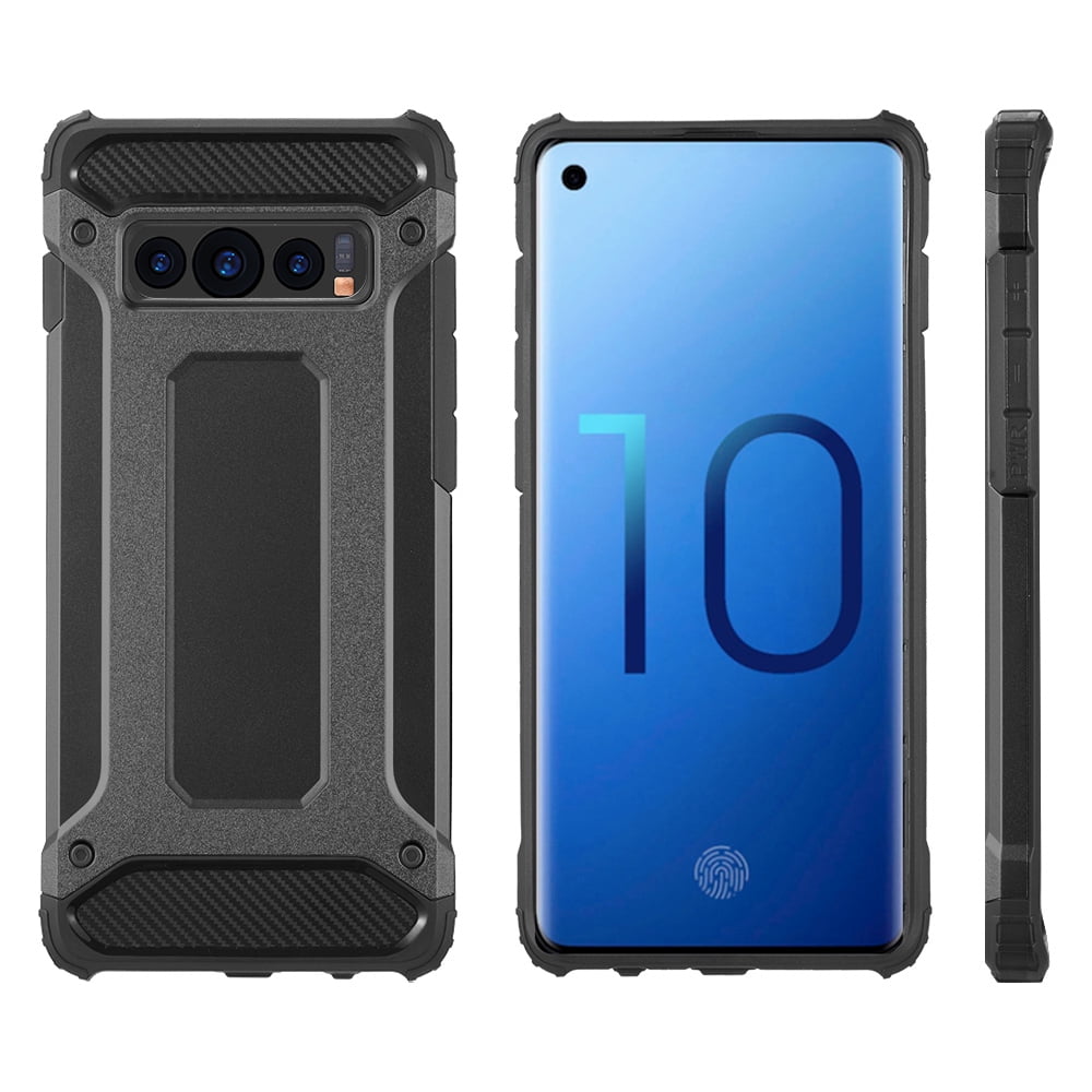 BUNDLE: Rugged Performance Dual Layer Hybrid Case for Galaxy S10 Plus (Black) & USB Car Charger Adapter - Ultra Lightweight, Port Covers, Bumper Corner Protection, Shock Absorption, Raised Lip Guard
