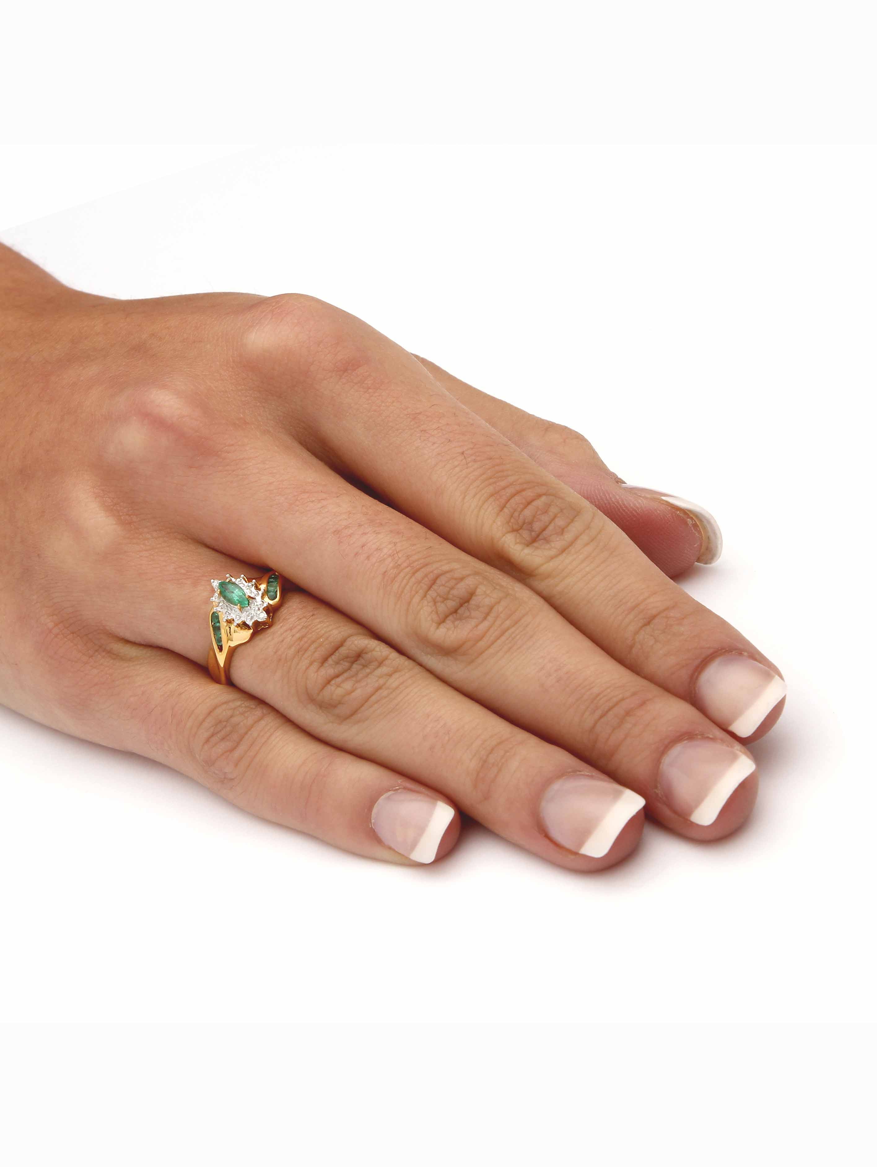 PalmBeach Jewelry .38 TCW Marquise-Cut and Round Genuine Emerald Diamond Accent 18k Gold-Plated or Platinum-Plated Sterling Silver Ring
