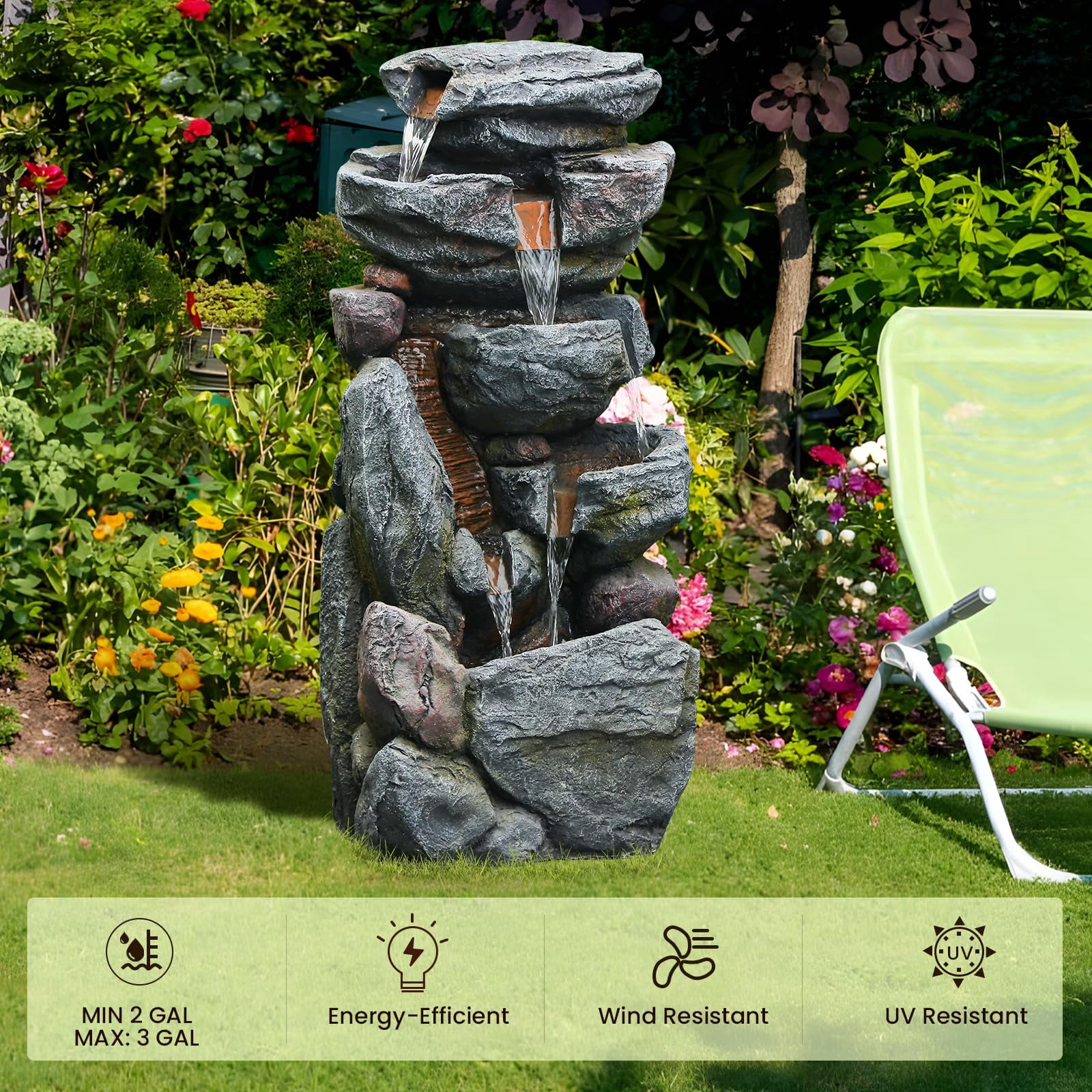 Rock Water Fountain Outdoor 6-Tiers Waterfall Fountain with LED Lights for Garden, Living Room, Patio, Home Decor