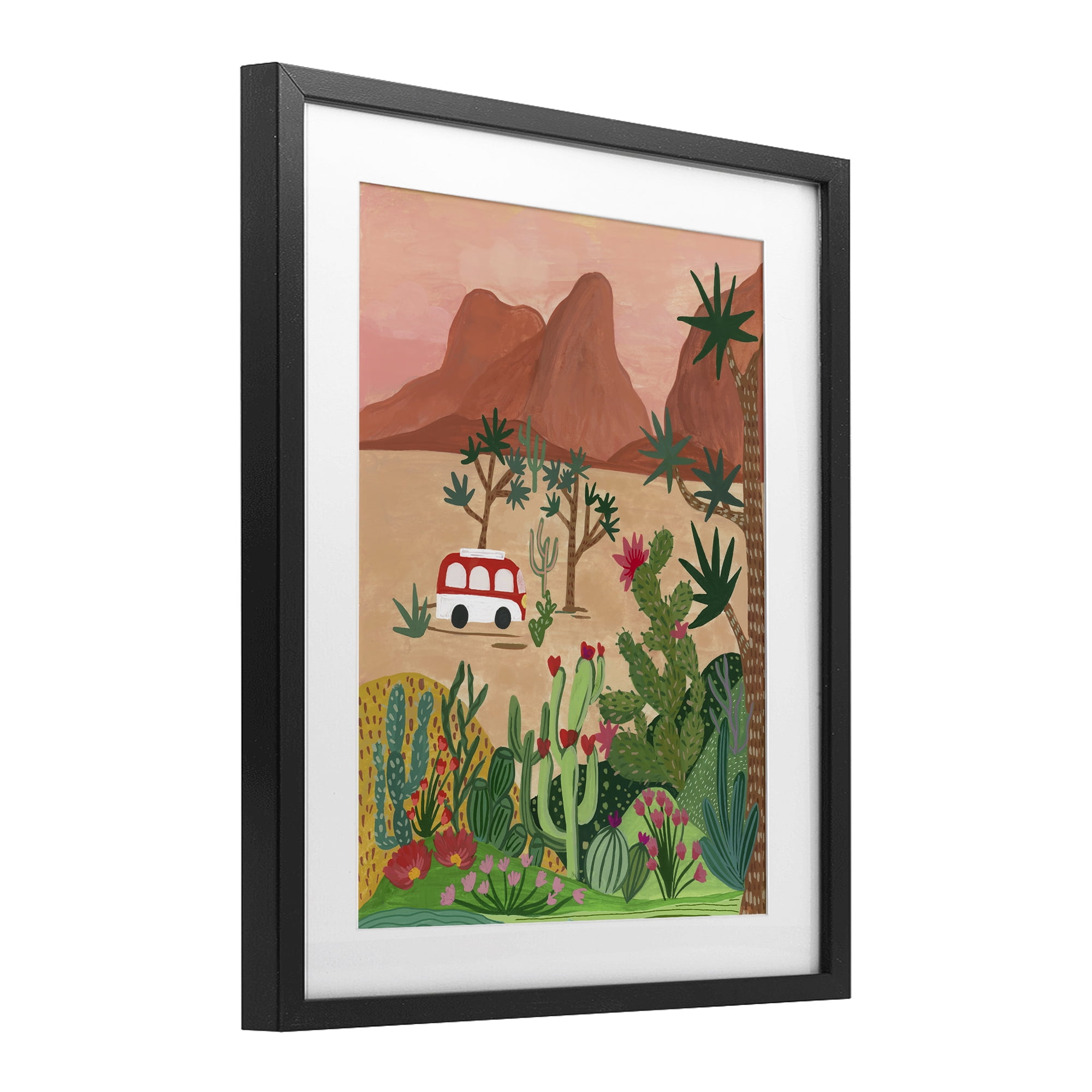 Desert Camper & Cacti Black Framed Print Under Glass, design by Nabeela Rumi