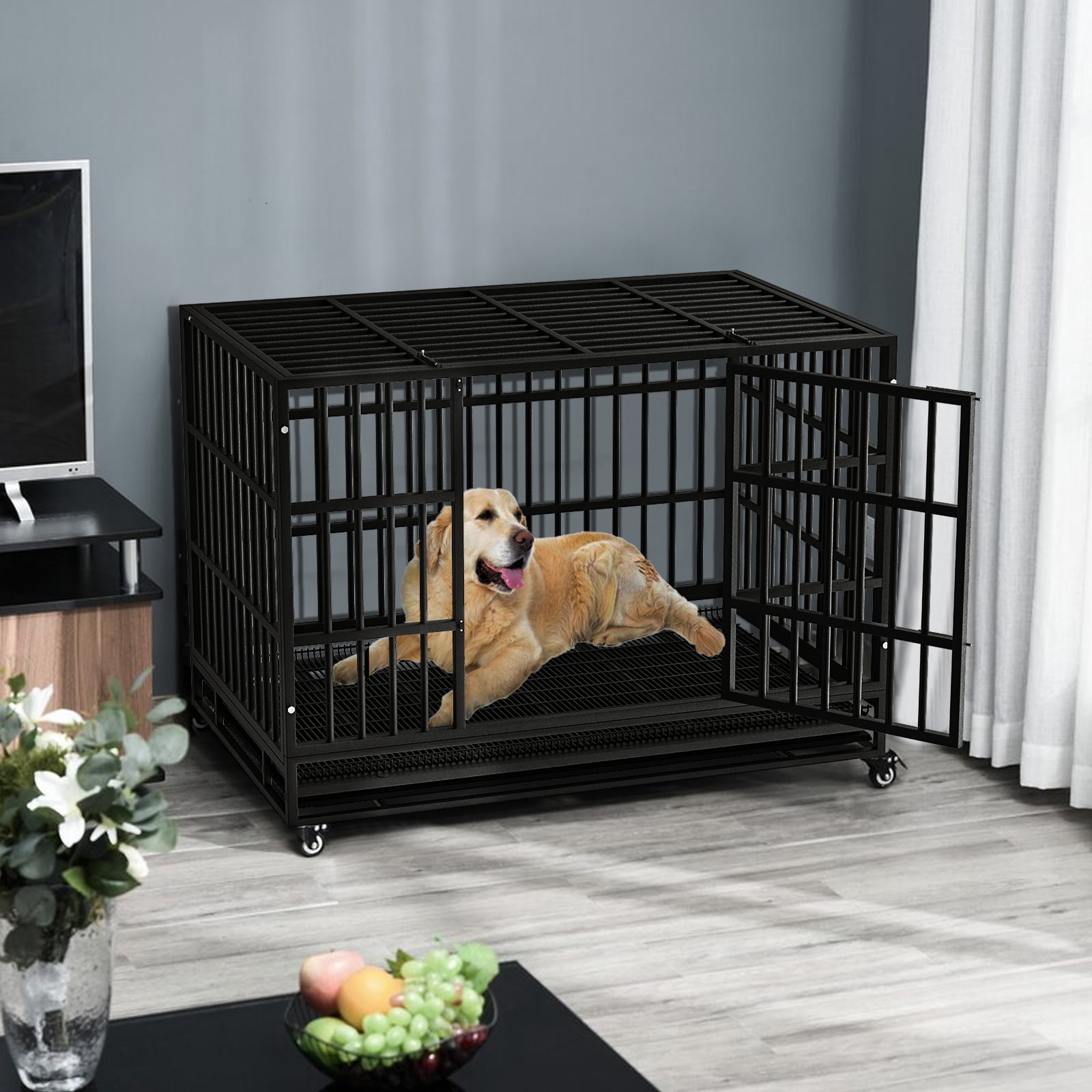 Waleaf 48 inch Heavy Duty Dog Crate, Indestructible Dog Cage Kennel for High Anxiety Dog, Escape Proof & Sturdy Locks Design, Extra Large Crate Indoor with Double Door and Removable Tray
