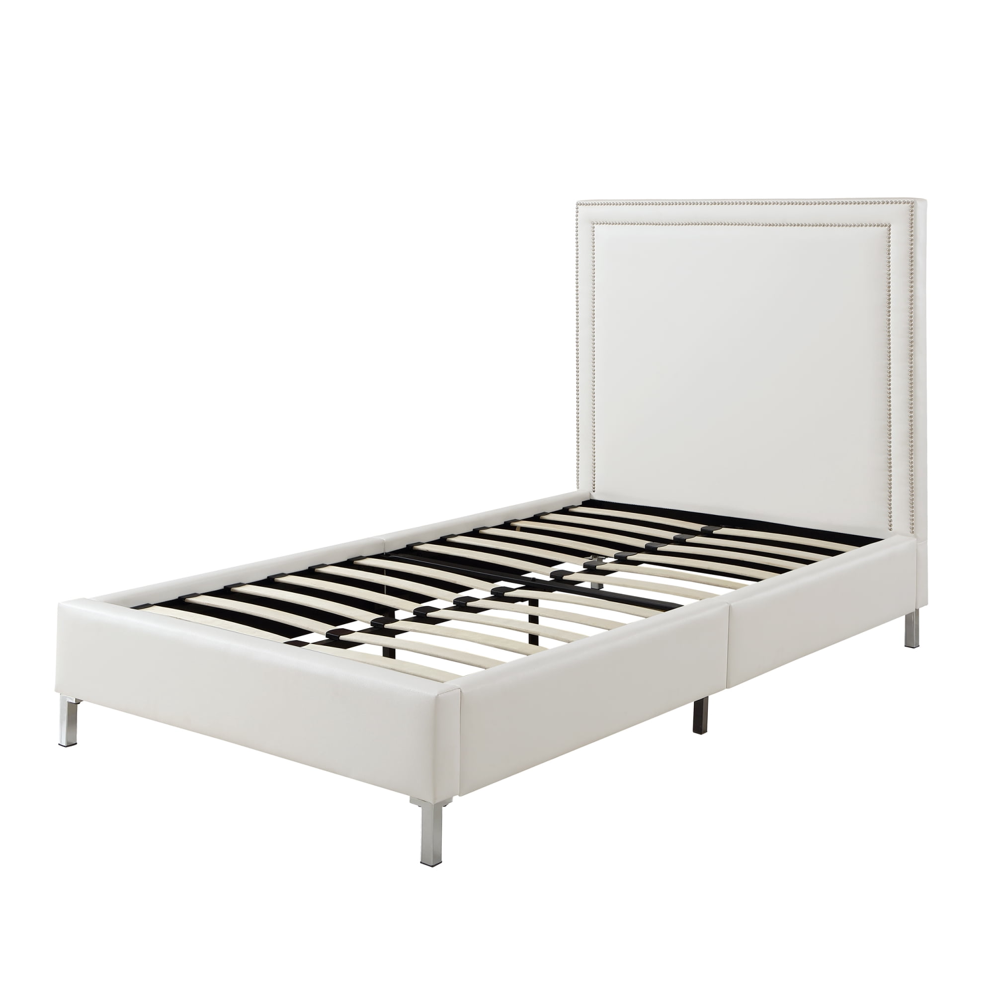 Inspired Home Raffaele Leather PU Platform Bedframe Twin Size Nailhead Trim, White
