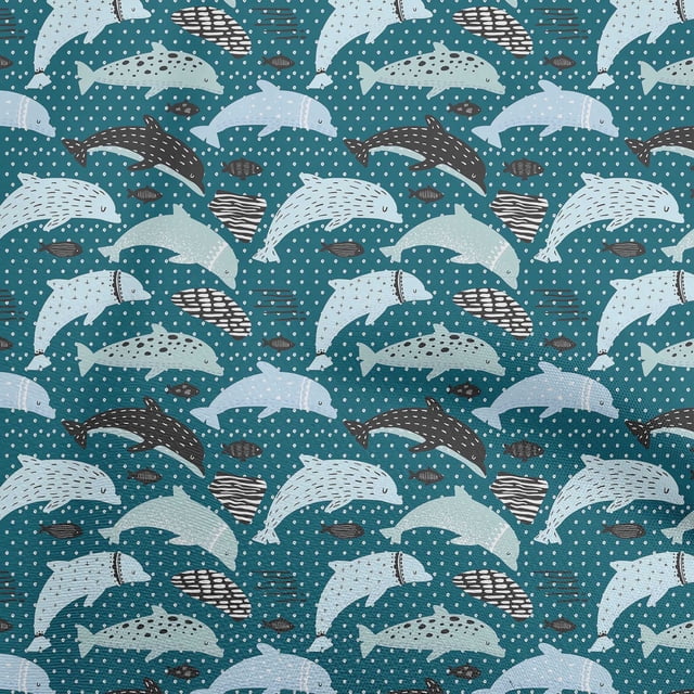 oneOone Georgette Viscose Teal Blue Fabric Beach Dolphin With Dot Texture Sewing Material Print Fabric By The Yard 42 Inch Wide