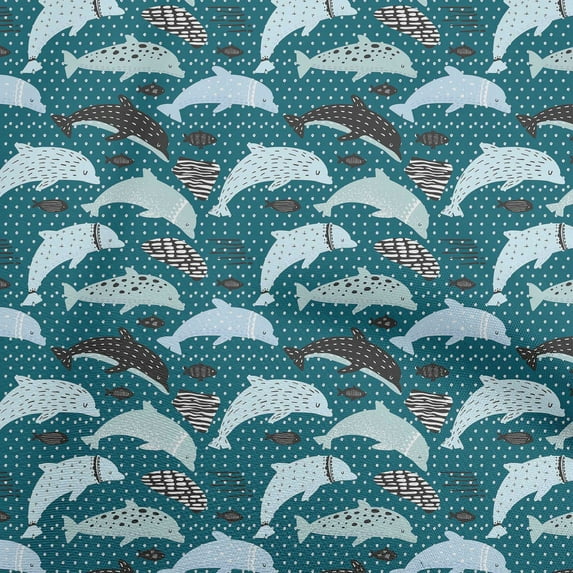 oneOone Cotton Jersey Teal Blue Fabric Beach Dolphin With Dot Texture Diy Clothing Quilting Fabric Print Fabric By Yard 58 Inch Wide