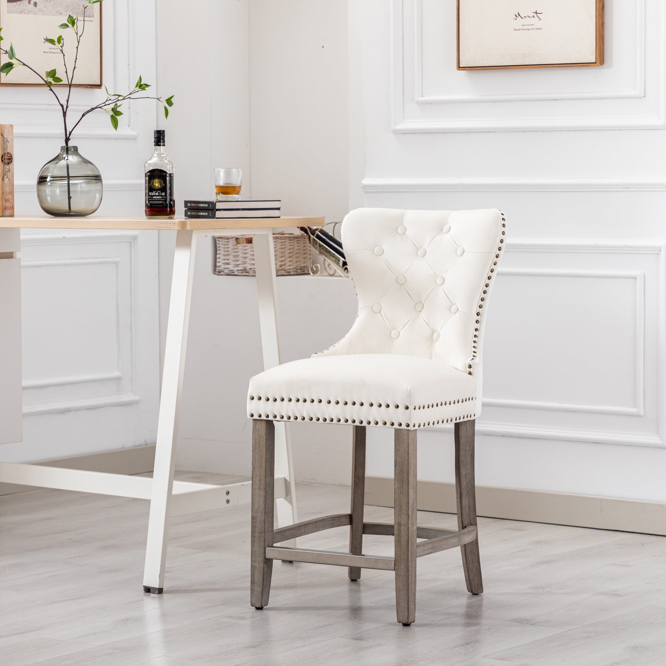 Westin Outdoor 24" Tufted Velvet Bar Stool, Antique Gray/Velvet Cream