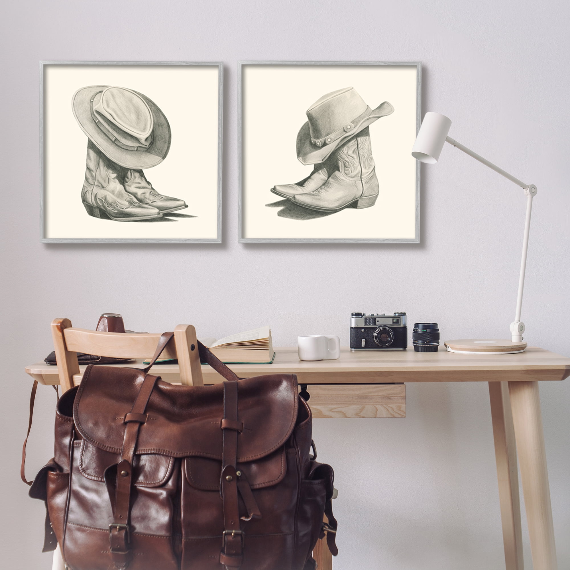 Stupell Industries Rustic Cowboy Boots Beauty & Fashion Drawing Gray Framed Art Print Wall Art, 24 x 24, Set of 2