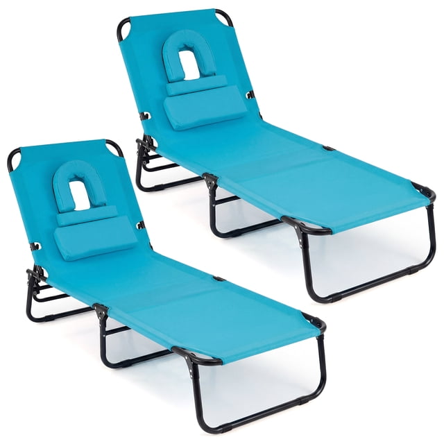 Gymax 2PCS Folding Beach Sun Lounger w/Face Hole Removable Pillows 4-Position Backrest Navy