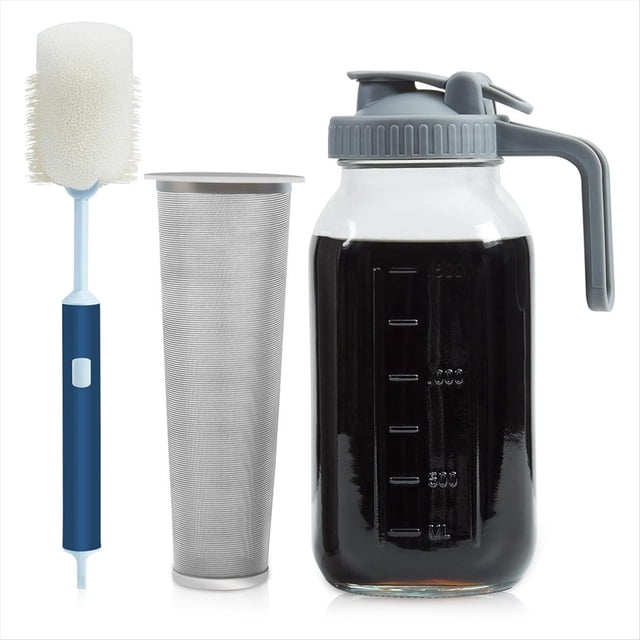 Cold Brew Coffee Maker Mason Jar 64Oz, Durable Thick Glass Cold Brew Pitcher Flip Cap Spout Lid with Handle