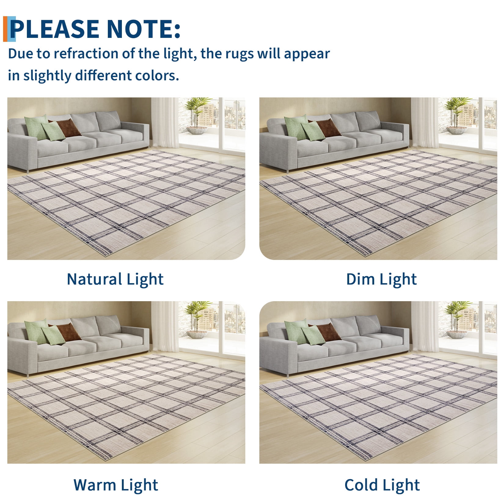 Hasoo Large Washable Rug 9' x 12' Area Rug for Living Room Modern Plaid Non Slip Neutral Indoor Decor Carpet, Beige