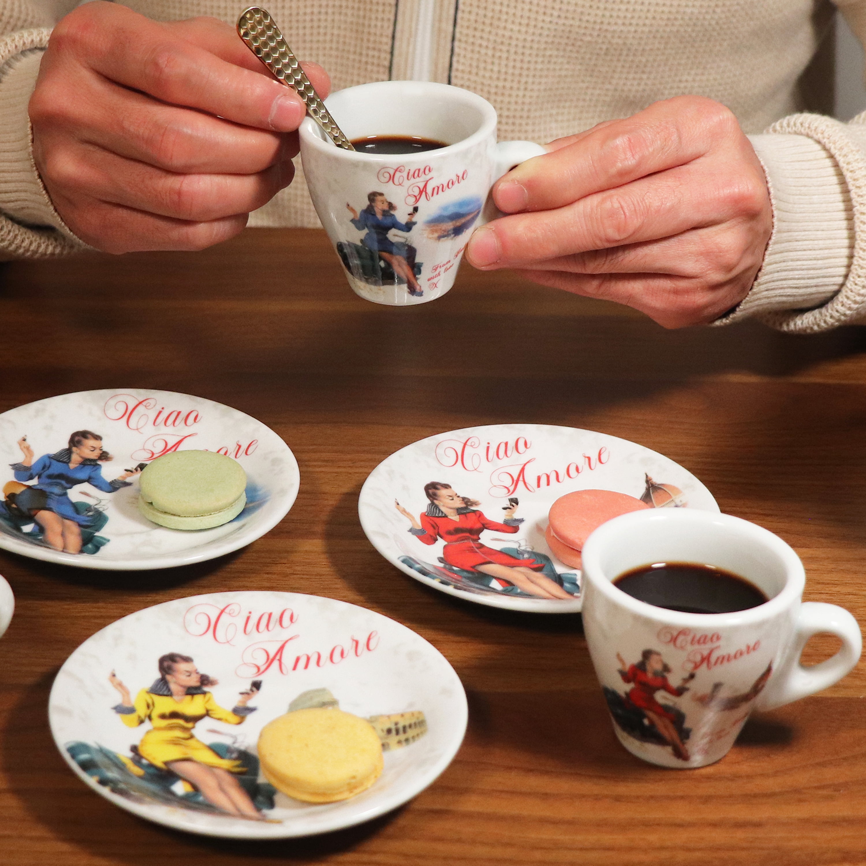 Lorren Home Espresso 3-ounce Ciao Amore Vespa Woman Red, Blue, Yellow Porcelain Cup & Saucer Set of 6