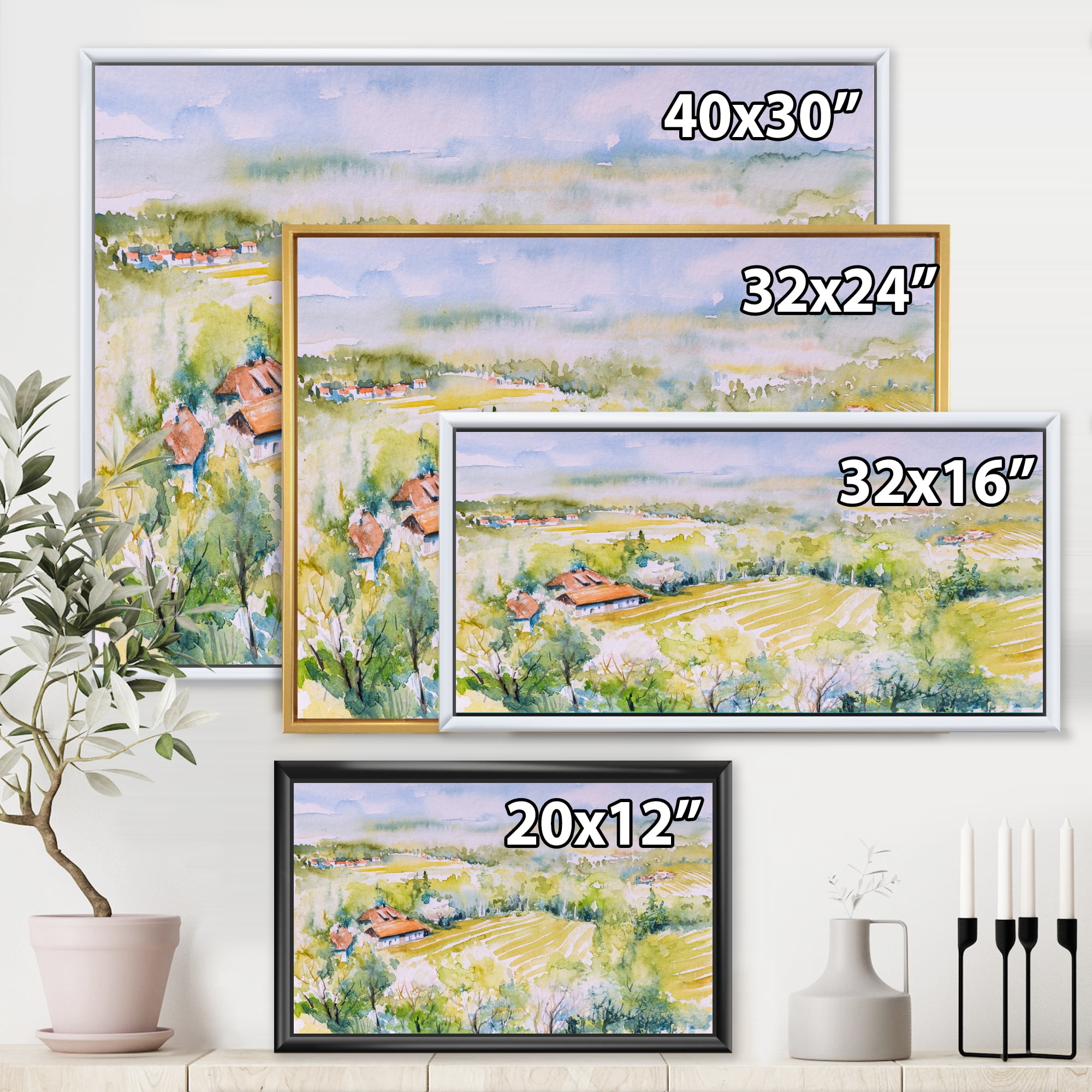 Designart 'Abstract Blossoming Green Fields In Countryside ' Country Framed Canvas Wall Art Print