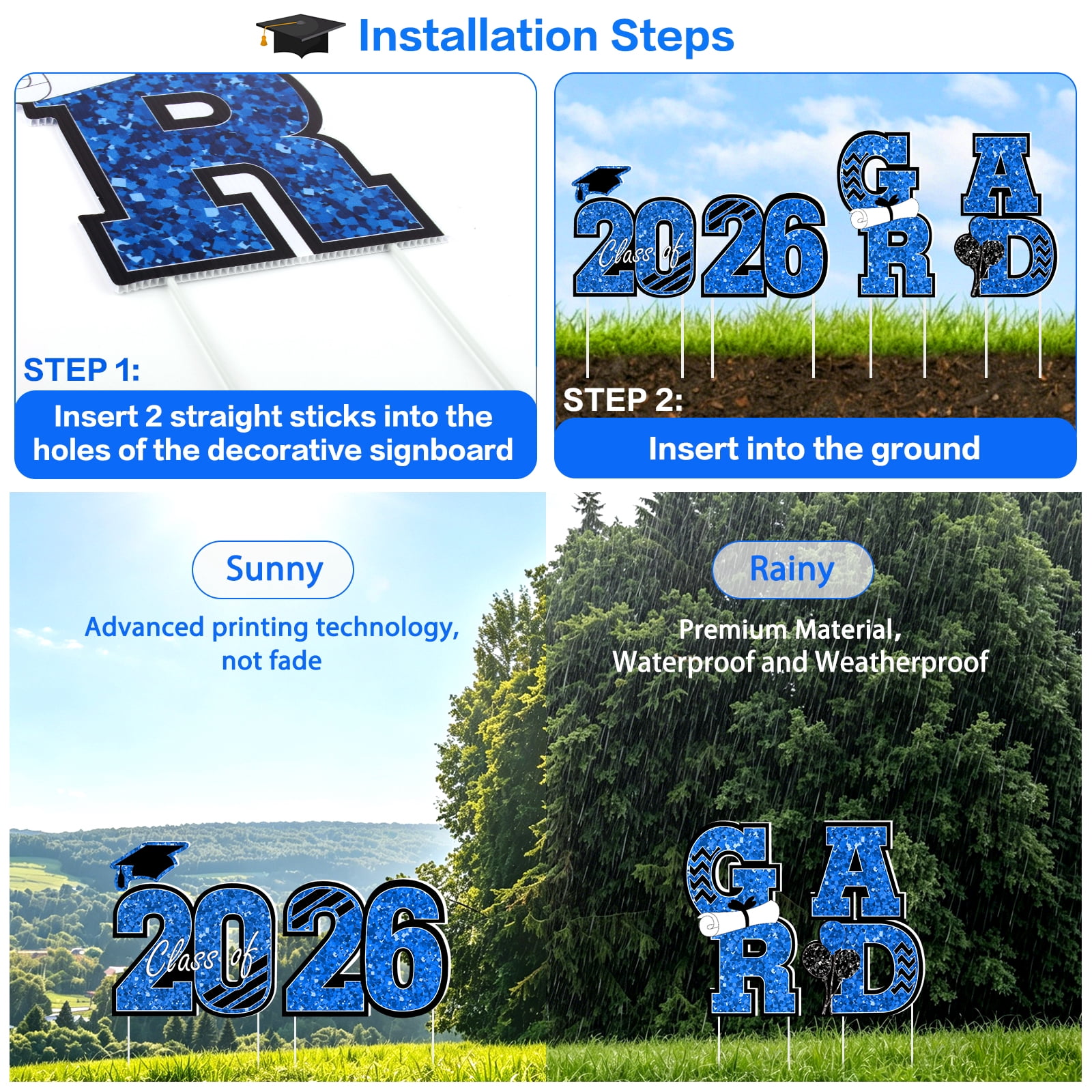 Extra Large 2026 Graduation Yard Sign Blue and Black Graduation Decorations Class of 2026 Waterproof Congrats Grad Garden Lawn Decor with Stakes for College School Grad Ceremony Party