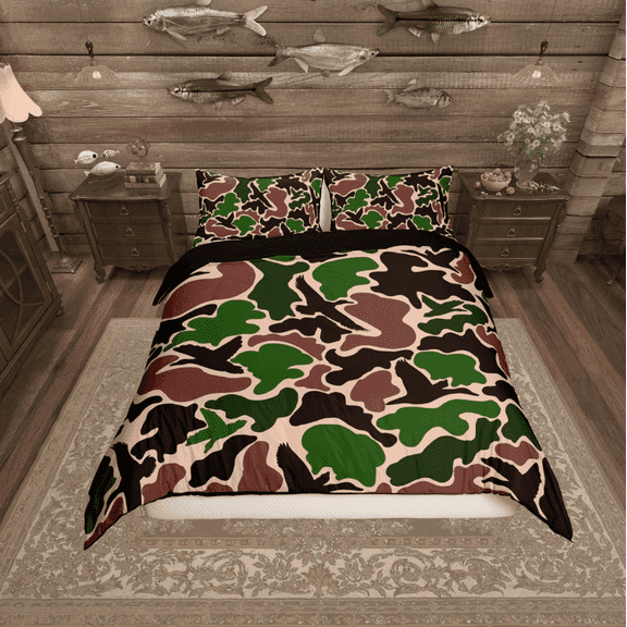 Erosebridal Brown Military Green Camo Comforter Cover Twin, Aesthetic Camouflage Bedding Twin Size, Reversible 2pcs (No Comforter)