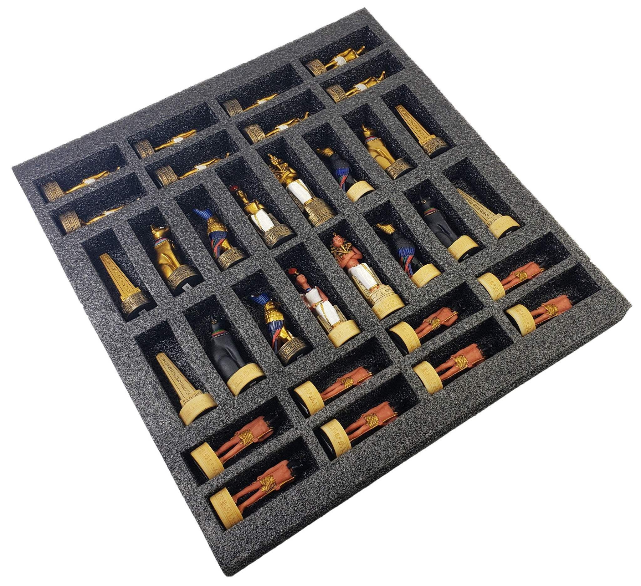 Egyptian Anubis Gold  Buff Chess Set with 18" Black  White Faux Leather Board