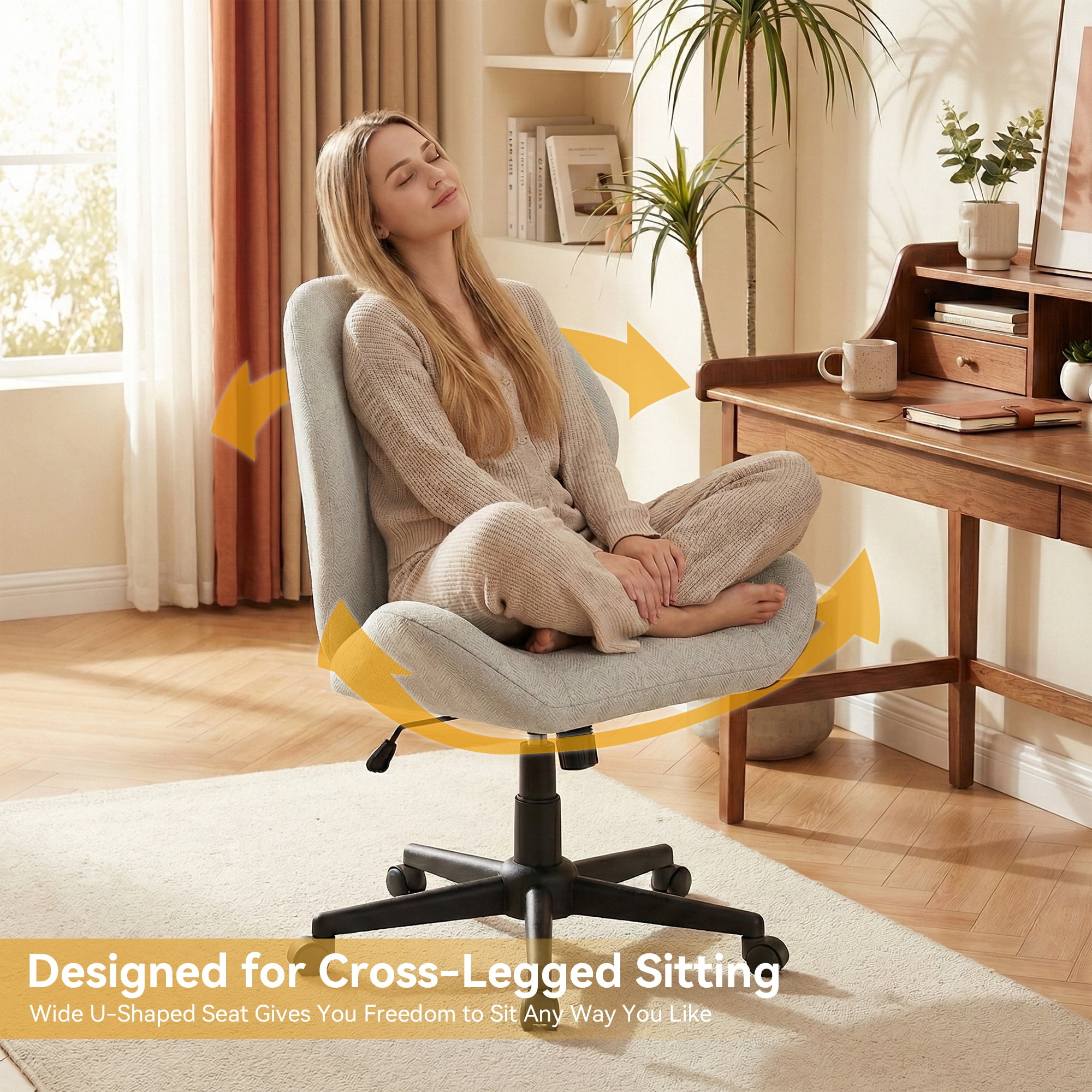 YIKEMA High Back Armless Rolling Office Chair, Wide Ergonomic Seat, Light Gray