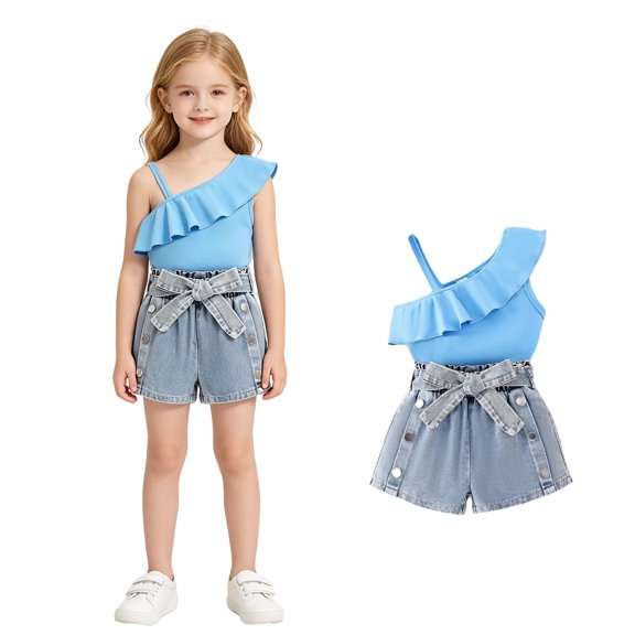 Girls Clothes 2PCS Off Shoulder Tank Top and Denim Skirt Shorts Set Girls Summer Outfits Set 5-6 Years