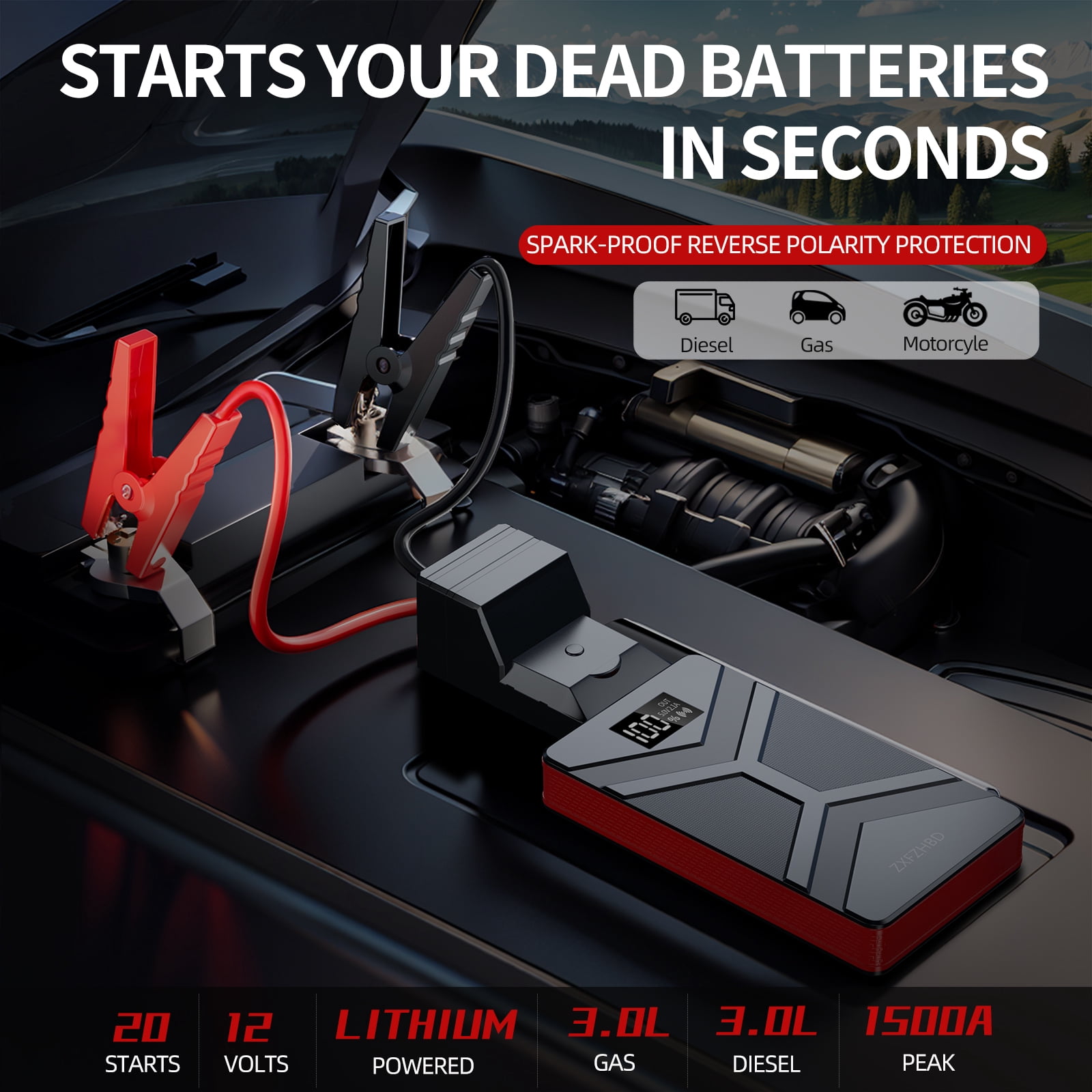Car Jump Starter 1500A Car Battery Jump Starter Battery Pack, for Up to 6.0L Gasoline and 3.0L Diesel Engines,Portable 12V Jump Box with USB Ports, 3 Modes LED Flash Light, Black