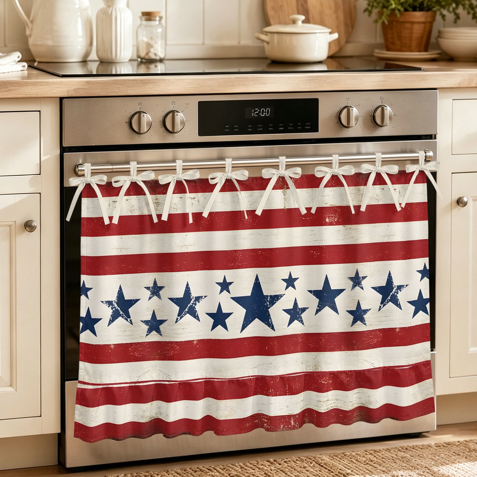 Vintage Stars Independence Day Oven Skirt for Farmhouse Kitchen D&eacute;cor 4th of July Retro Striped Oven Curtain Tie Top Decorative Stove Skirt Cabinet Dish Washer Curtains with 8 Ribbon Ties 27 x20