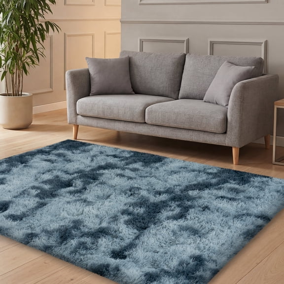 ZENELESS 4x6ft Fluffy Rugs,Super Soft Indoor Modern Carpets,Anti-skid Fuzzy Area Rug for Teens Dorm Nursery Bedroom Home Decor Tie-dye Blue&Gray