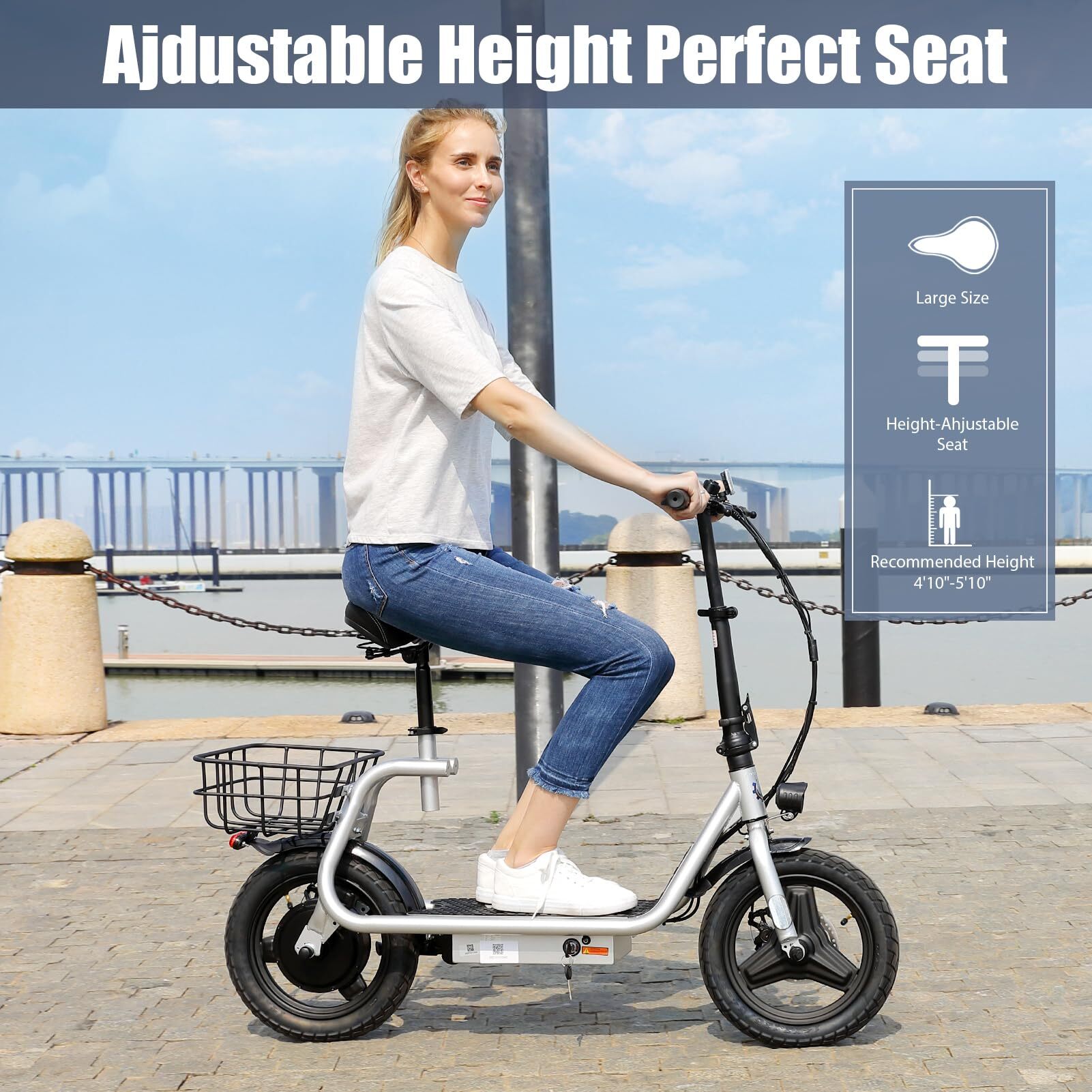 Caroma 800W(Peak) Adults Electric Scooter with Removable Seat, Max Speed 20mph Up to 25 Miles Range, 14" Tire for Commuting Scooter with Basket, Folding Electric Scooter, Silver - image 5 of 9