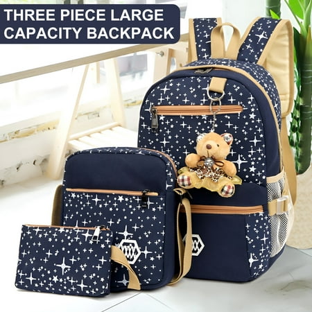 

Lieonvis 4Pcs Star Print Canvas School Bag with School Bag Crossbody Bag Storage Bag and Bear Pendant Kids Backpack Large Capacity Lightweight Bookbag Back to School Supplies Gifts