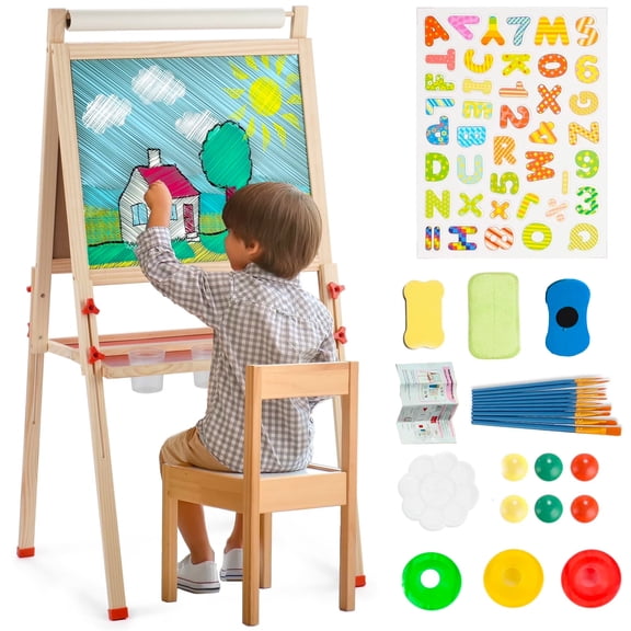 Art Easel for Kids with Paper Roll, Adjustable Double Side Art Drawing Standing Chalkboard for Toddlers 3-12, Boy & Girls Wooden Gift & Art Supplies for Toddler