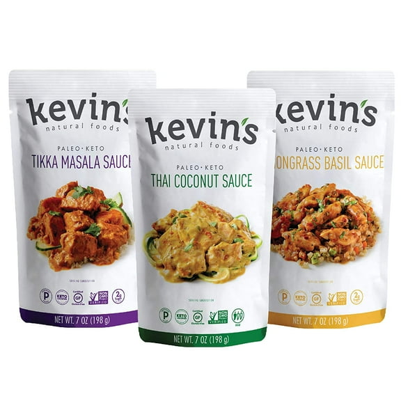 Kevin's Natural Foods Keto and Paleo Simmer Sauce Variety Pack - Stir-Fry Sauce, Gluten Free, No Preservatives, Non-GMO - 3 Pack (Tikka/ Thai Coconut/ Lemongrass Basil)