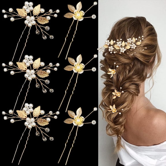 6 Pieces Bridal Wedding Hair Pins Gold Leaf Crystal Pearl Hair Pins Clips Headpiece Vintage Wedding Hair Accessories Jewelry with Rhinestone for Brides Bridesmaids Flower Girls (Classic)