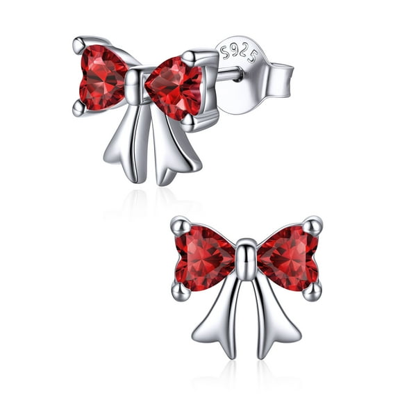 ChicSilver 925 Sterling Silver Stud Earrings Hypoallergenic Created Garnet Stud Earring Red Bow Earring January Birthstone Earrings for Women