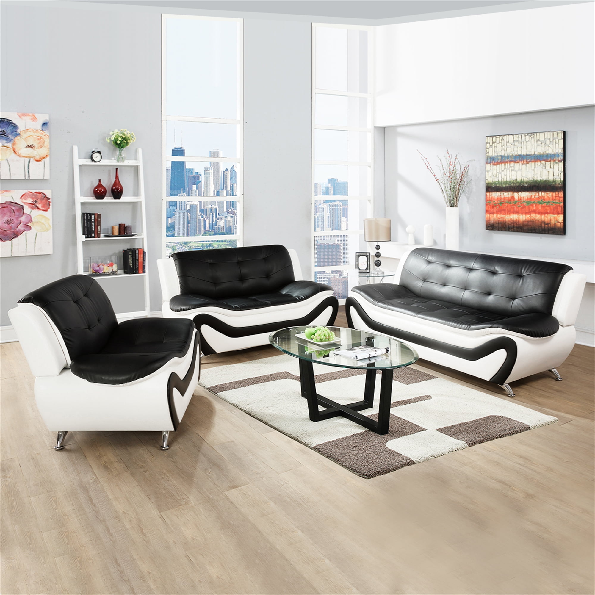 Aukfa 3 Piece Sofa Set - 42" Wide Upholstered Couch Armchair, Leather, Black&White