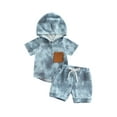 thumbnail image 2 of Elippeo 2 Pcs Infant Pants Set 0-5 Years Boys Contrast Color Short Sleeve Hooded Pullover + Drawstring Shorts, 2 of 9