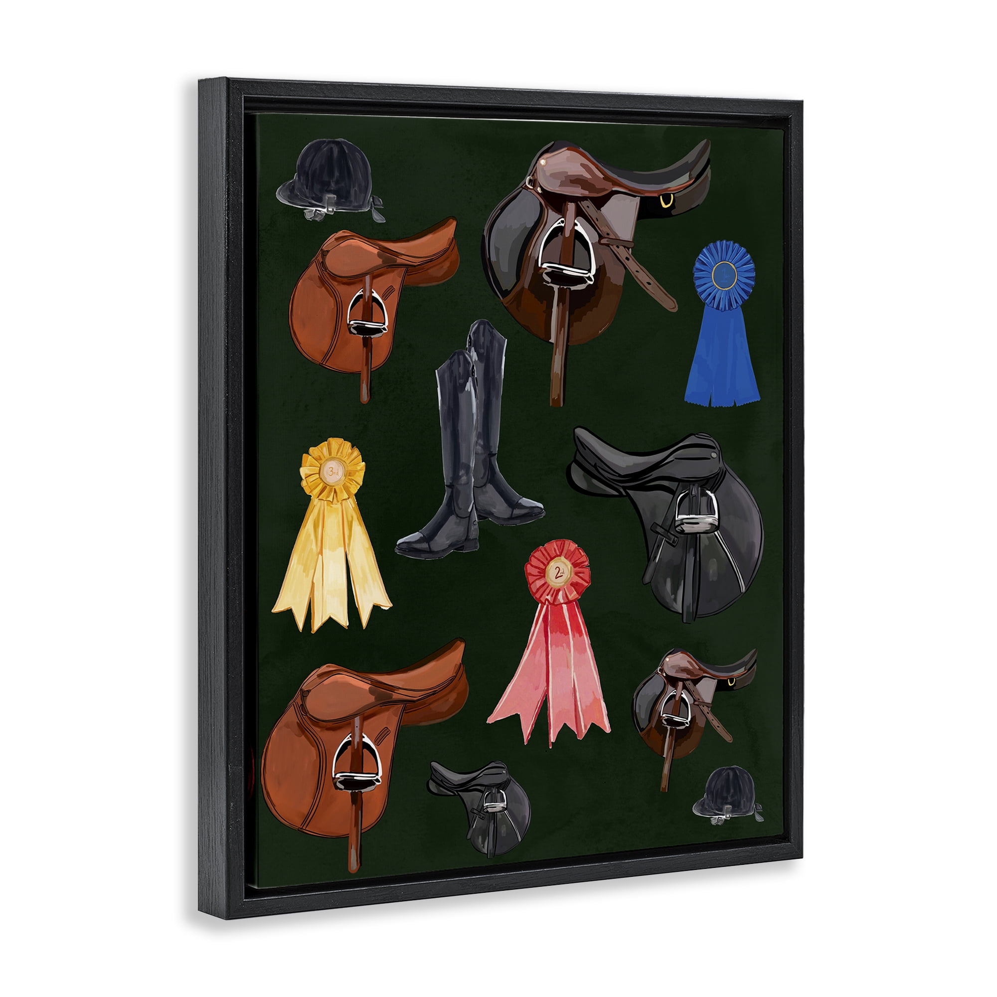 Stupell Industries Equestrian Saddles & Ribbons Sports Painting Black Floater Framed Art Print Wall Art, 17 x 21