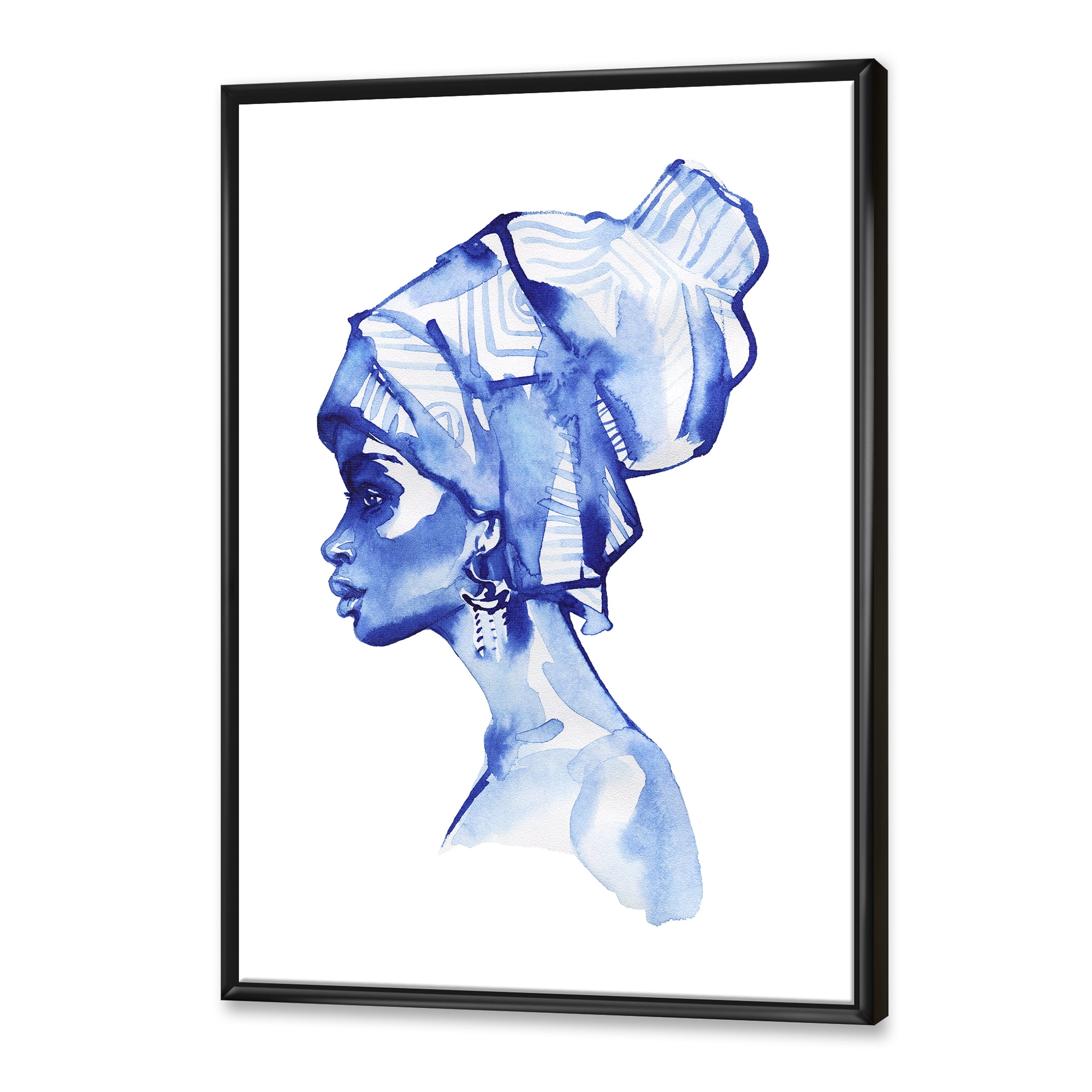 Designart 'Afro American Woman Blue Fashion Portrait' Modern Framed Canvas Wall Art Print
